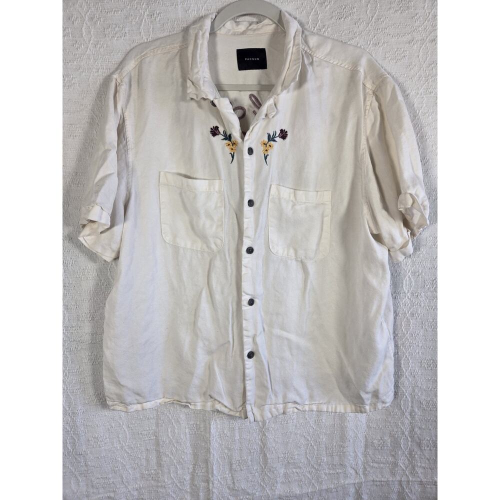 PacSun 100% Lyocell Boxy White Buttondown Blouse With Colorful Embroidery Size M